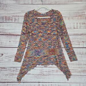 Spacedye Rainbow Colorful Lightweight Top M Open Knit Crochet Waterfall Hemline